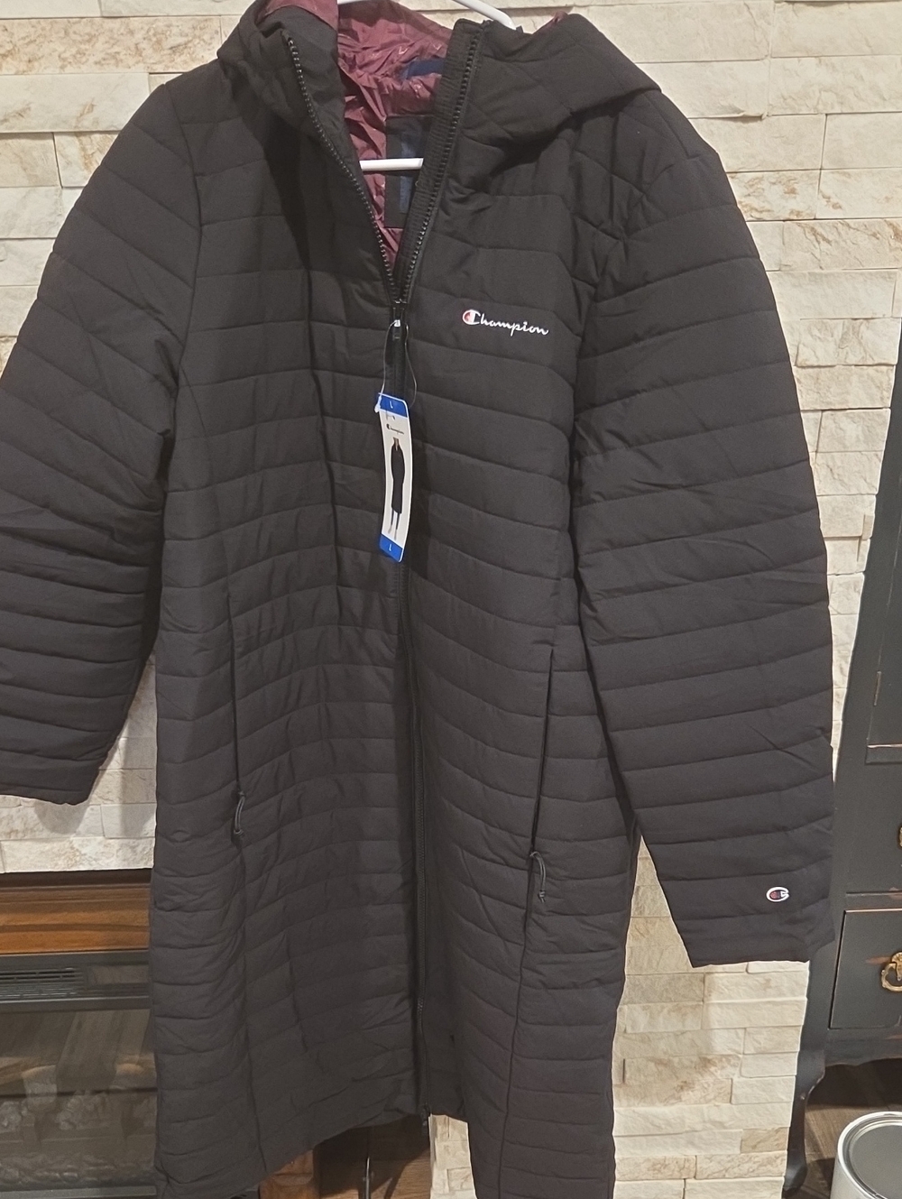 Women's Champion Black Long Quilted Hooded Puffer Coat with Maroon Lining